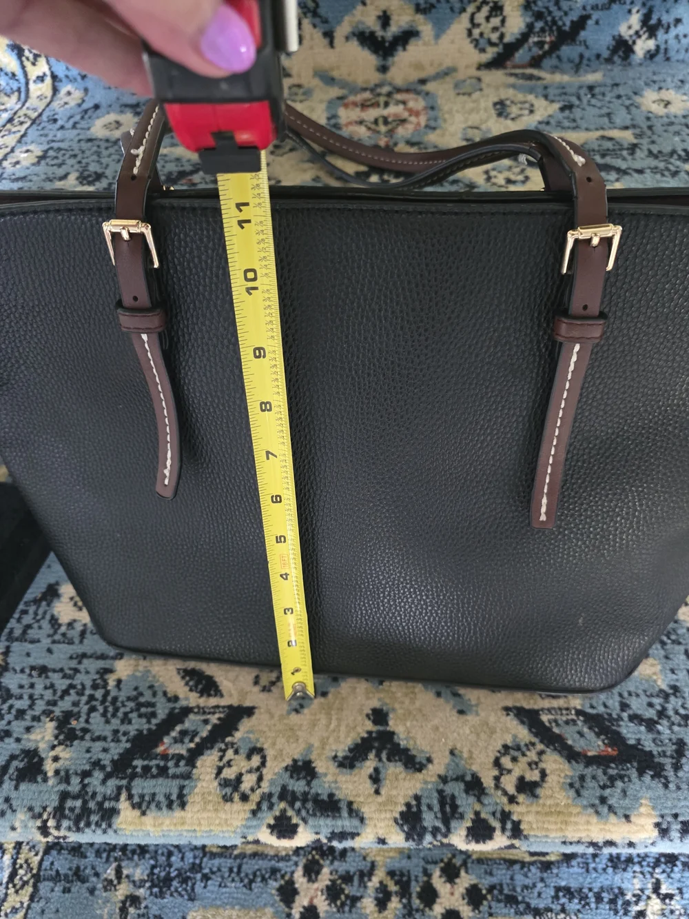 Classic Black Pebbled Tote with Brown Straps